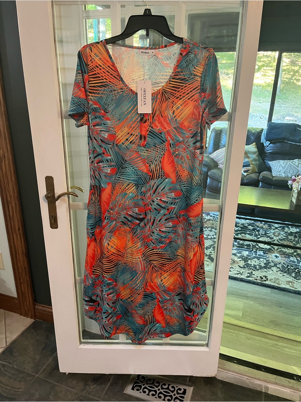 V-Neck Tropical Palm Swim Coverup Dress in Coral and Teal